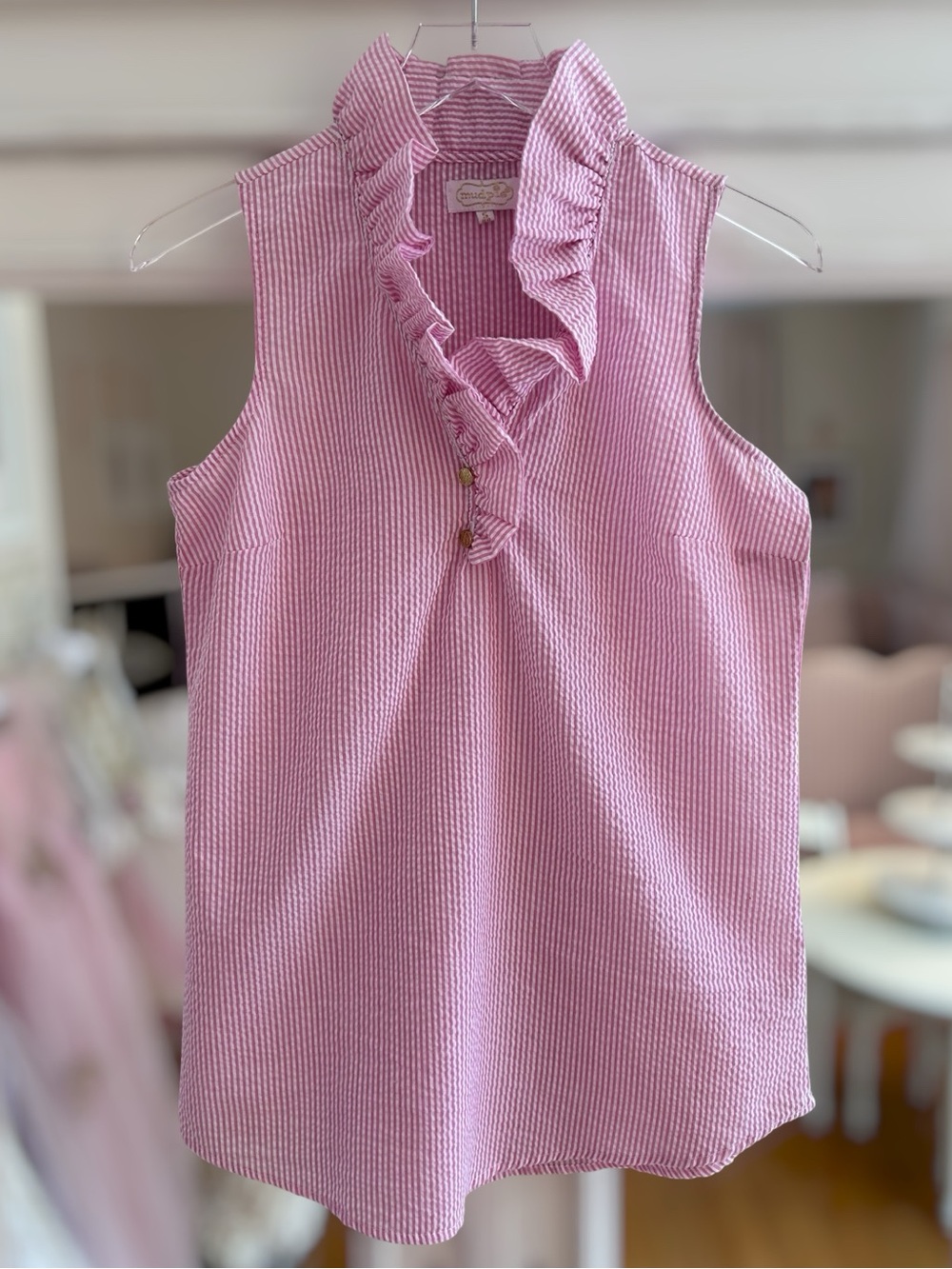 Mud Pie Whitney Seersucker Ruffle-Neck Sleeveless Top